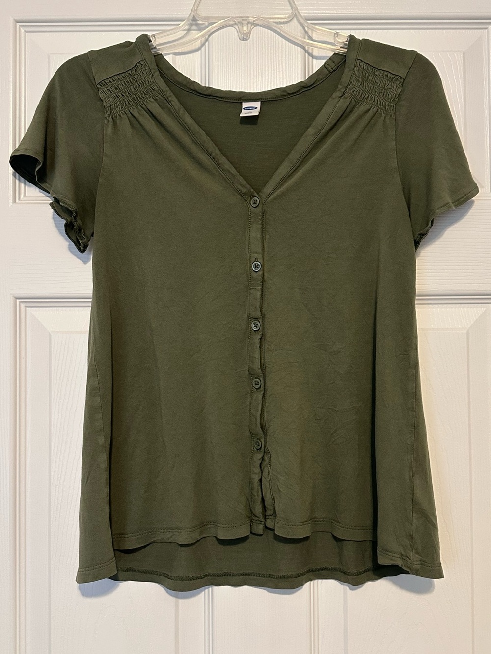 Old Navy Olive Green Button-Front V-Neck Short Sleeve Top